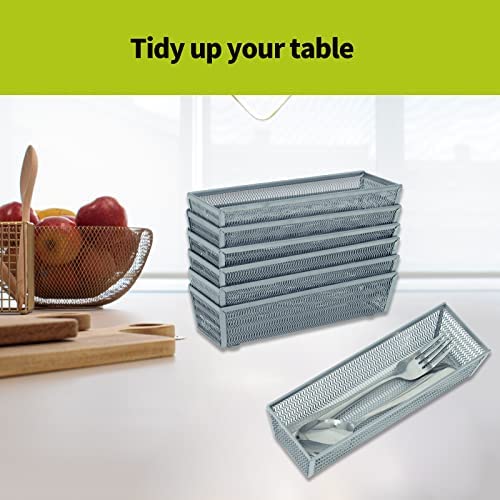 Neudeco Mesh Drawer Organizer, Silverware Organizer for Kitchen Drawer?Utensil Metal Organizer for Flatware, Knives, Cosmetic (Silver 9 * 3 * 2 inch Pack6)