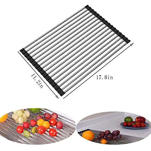 AAKitchen Over the Sink Roll-Up Dish Drying Rack SUS304 Stainless Still Dish Rack Foldable Multi-Use Kitchen Sink Dish Drainers, Drying/Draining/Trivet (Black)