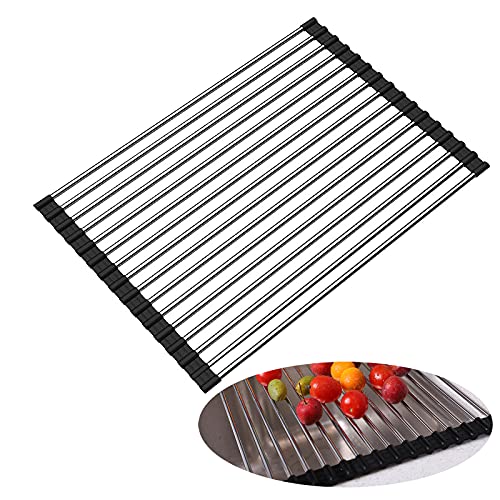 AAKitchen Over the Sink Roll-Up Dish Drying Rack SUS304 Stainless Still Dish Rack Foldable Multi-Use Kitchen Sink Dish Drainers, Drying/Draining/Trivet (Black)