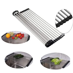 AAKitchen Over the Sink Roll-Up Dish Drying Rack SUS304 Stainless Still Dish Rack Foldable Multi-Use Kitchen Sink Dish Drainers, Drying/Draining/Trivet (Black)