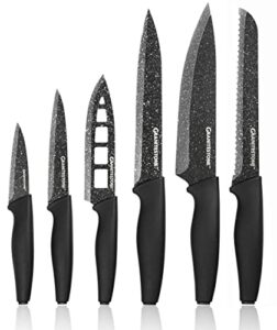 granitestone nutriblade 6 pc knife set, professional kitchen chef’s knives with ultra sharp stainless steel blades and nonstick granite coating, easy-grip handle, rust-proof, dishwasher-safe, black