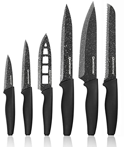 Granitestone Nutriblade 6 PC Knife Set, Professional Kitchen Chef’s Knives with Ultra Sharp Stainless Steel Blades and Nonstick Granite Coating, Easy-Grip Handle, Rust-proof, Dishwasher-safe, Black