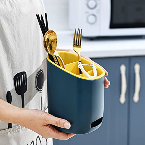 spolis Kitchen Utensil Holders Cutlery Drying Rack for Counter with Catch Pan and Drain Hole, Anti Tilting Kitchen Silverware Drainer Basket Sink Caddy for Forks, Knives, Spoons, Chopsticks-Blue