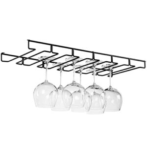 mygift modern black metal under-cabinet wine glass holder | stemware storage organizer rack | holds 12 stemmed glasses