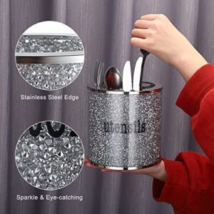 JUXYES Sparky Glass Crushed Diamond Utensils Holder for Party, Luxurious Silverware Holder Organizer Decorative Utensil Storage Crock Shiny Cutlery Holder Silverware Organizer for Kitchen Dining Table