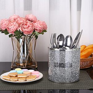 JUXYES Sparky Glass Crushed Diamond Utensils Holder for Party, Luxurious Silverware Holder Organizer Decorative Utensil Storage Crock Shiny Cutlery Holder Silverware Organizer for Kitchen Dining Table