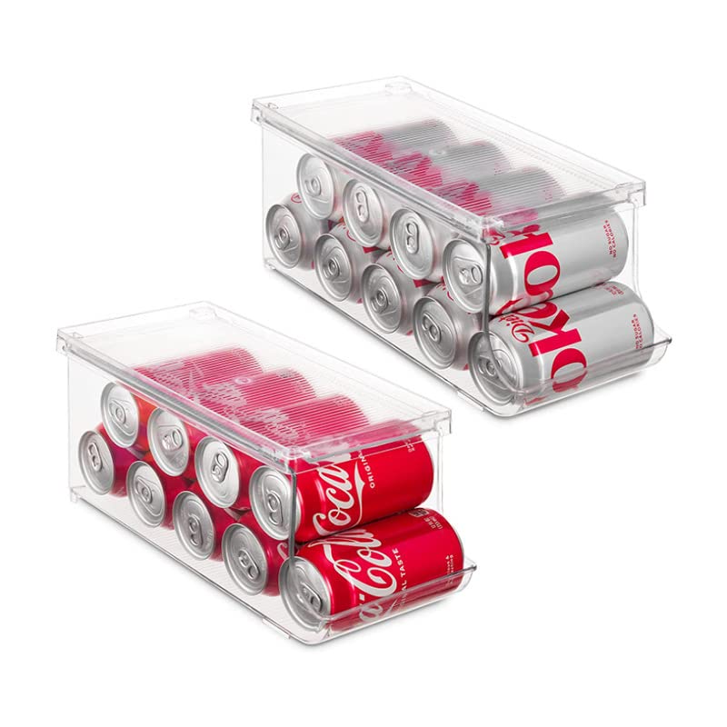 Stackable soda can drink organizer and dispenser with lid for refrigerator, freezer, pantry. Pack of 2. Holds 9 cans