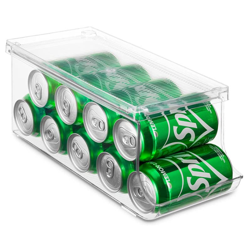 Stackable soda can drink organizer and dispenser with lid for refrigerator, freezer, pantry. Pack of 2. Holds 9 cans