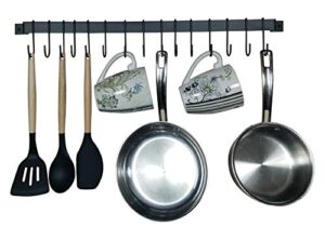 wall-mounted utensil rack hanger – black, 17″ x 1″ – rustic iron kitchen organizer with ten 3.5″ hanging hooks – coffee mug rail – pot and pan holder – organizing rod for cookware – claimed corner