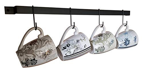 Wall-Mounted Utensil Rack Hanger – Black, 17" x 1" - Rustic Iron Kitchen Organizer with Ten 3.5" Hanging Hooks - Coffee Mug Rail - Pot and Pan Holder - Organizing Rod for Cookware - Claimed Corner