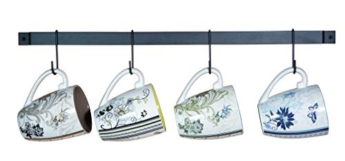 Wall-Mounted Utensil Rack Hanger – Black, 17" x 1" - Rustic Iron Kitchen Organizer with Ten 3.5" Hanging Hooks - Coffee Mug Rail - Pot and Pan Holder - Organizing Rod for Cookware - Claimed Corner