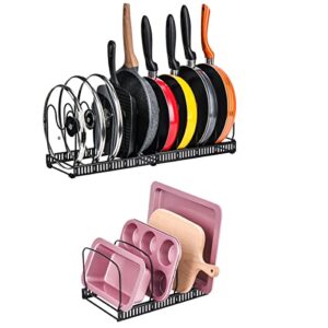 toplife adjustable 10+ pans organizer rack + 7+ lids organizer rack for kitchen cabinet and counter, black