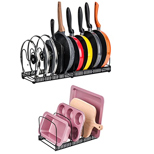 Toplife Adjustable 10+ Pans Organizer Rack + 7+ Lids Organizer Rack for Kitchen Cabinet and Counter, Black