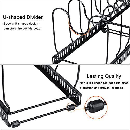 Toplife Adjustable 10+ Pans Organizer Rack + 7+ Lids Organizer Rack for Kitchen Cabinet and Counter, Black