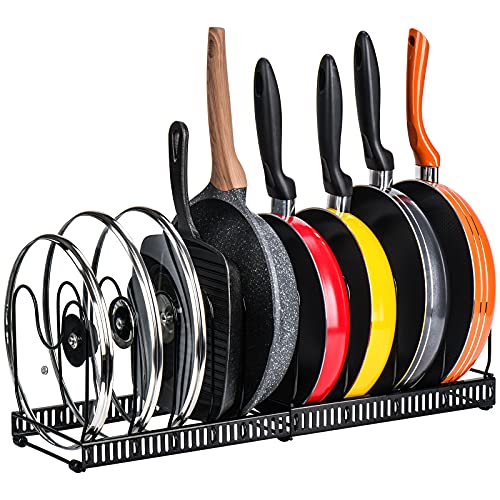 Toplife Adjustable 10+ Pans Organizer Rack + 7+ Lids Organizer Rack for Kitchen Cabinet and Counter, Black