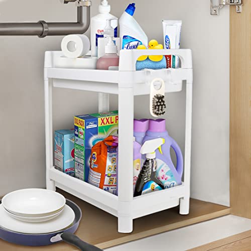 Layway Multipurpose Under Sink Storage Rack for Closet Cabinet,Under Bathroom Kitchen Sink Organizer,2 Tier Countertop Collection Baskets Shelf with Hooks for Home Office (White)