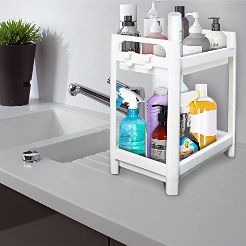 Layway Multipurpose Under Sink Storage Rack for Closet Cabinet,Under Bathroom Kitchen Sink Organizer,2 Tier Countertop Collection Baskets Shelf with Hooks for Home Office (White)