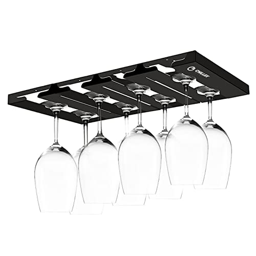 CHILLEX MART - Wine Glass Holder Under Cabinet & Shelf, Wine Glass Hangers Stemware Wine Rack, Hanging Wine Glass Rack with 3 Free Mug Hooks for Kitchen & bar Restaurant Storage (Black, 4 Rows)