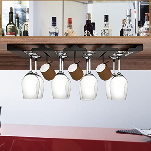 CHILLEX MART - Wine Glass Holder Under Cabinet & Shelf, Wine Glass Hangers Stemware Wine Rack, Hanging Wine Glass Rack with 3 Free Mug Hooks for Kitchen & bar Restaurant Storage (Black, 4 Rows)