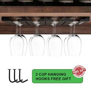 CHILLEX MART - Wine Glass Holder Under Cabinet & Shelf, Wine Glass Hangers Stemware Wine Rack, Hanging Wine Glass Rack with 3 Free Mug Hooks for Kitchen & bar Restaurant Storage (Black, 4 Rows)