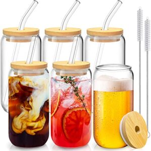 6 pcs drinking glasses with bamboo lids and glass straw – 16 oz can shaped glass cups beer glasses ice coffee glasses cute tumbler cup great for soda boba tea cocktail include 2 cleaning brushes