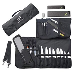 everpride chef knife roll bag holds 12 knives – contains 2 large zippered pockets for meat cleavers and cooking tools – durable knife case for chefs and culinary students – includes 2 knife guards