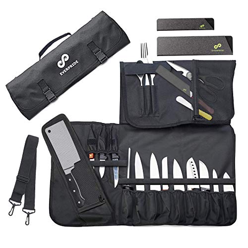 EVERPRIDE Chef Knife Roll Bag Holds 12 Knives – Contains 2 Large Zippered Pockets for Meat Cleavers and Cooking Tools – Durable Knife Case for Chefs and Culinary Students – Includes 2 Knife Guards