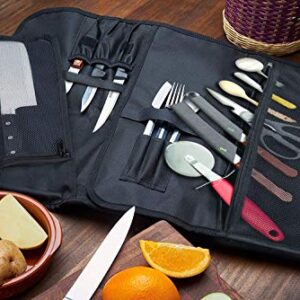 EVERPRIDE Chef Knife Roll Bag Holds 12 Knives – Contains 2 Large Zippered Pockets for Meat Cleavers and Cooking Tools – Durable Knife Case for Chefs and Culinary Students – Includes 2 Knife Guards