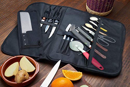 EVERPRIDE Chef Knife Roll Bag Holds 12 Knives – Contains 2 Large Zippered Pockets for Meat Cleavers and Cooking Tools – Durable Knife Case for Chefs and Culinary Students – Includes 2 Knife Guards