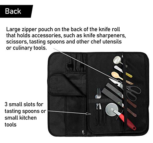 EVERPRIDE Chef Knife Roll Bag Holds 12 Knives – Contains 2 Large Zippered Pockets for Meat Cleavers and Cooking Tools – Durable Knife Case for Chefs and Culinary Students – Includes 2 Knife Guards