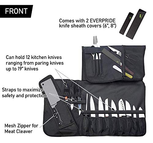 EVERPRIDE Chef Knife Roll Bag Holds 12 Knives – Contains 2 Large Zippered Pockets for Meat Cleavers and Cooking Tools – Durable Knife Case for Chefs and Culinary Students – Includes 2 Knife Guards