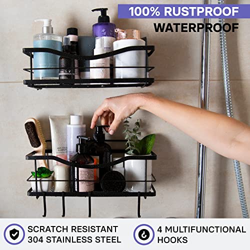 KINCMAX Shower Caddy Bathroom Shelf, No Drilling Traceless Adhesive Bathroom Storage Organizer, SUS304 Rustproof Food Storage Basket, 2-in-1 Kitchen Spice Racks-2 Pack (Matte Black)