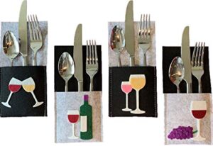 wine tasting party silverware holders – 8 pack made of sturdy, colorful felt with fun wine bottle, glass and grape images. terrific for entertaining or book club hostess or house warming gift