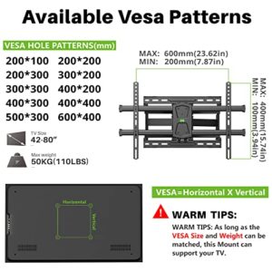 USX MOUNT Full Motion TV Wall Mount for 42"-80" TVs, Swivel and Tilt TV Mount , Wall Mount TV Bracket with Articulating 6 Arms, Max VESA 600x400mm, 110 lbs, 16" Wood Studs with Wall Drilling Template