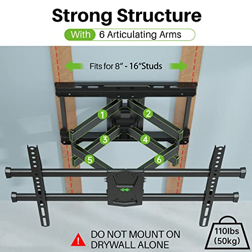 USX MOUNT Full Motion TV Wall Mount for 42"-80" TVs, Swivel and Tilt TV Mount , Wall Mount TV Bracket with Articulating 6 Arms, Max VESA 600x400mm, 110 lbs, 16" Wood Studs with Wall Drilling Template