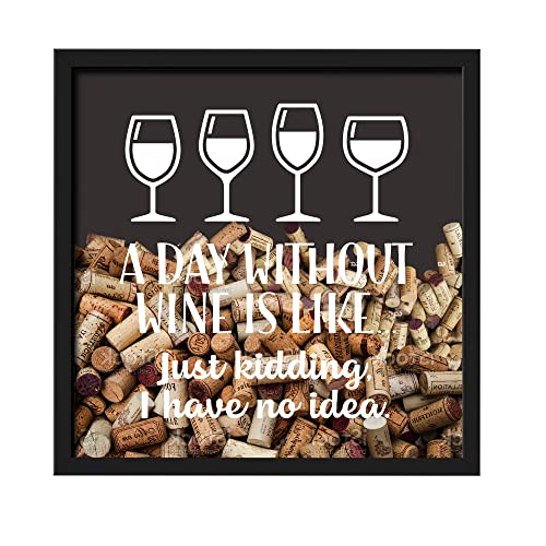 Chris's Stuff Wine Cork Holder | Shadow Box Frame 11"x11" Cork Storage Display Organizer | Wall Mounted, Tabletop & Countertop Hanging Cork Holders Wine Decor Shadowbox ( Black, A Day Without Wine )