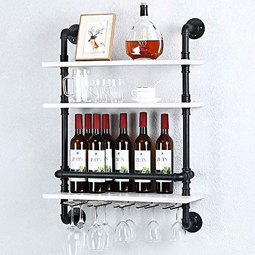 Industrial Pipe Shelf Wine Rack Wall Mounted with 5 Stem Glass Holder,3-Tiers Rustic Floating Bar Shelves Wine Shelf,24in Real Wood Shelves Wall Shelf Unit,Steam Punk Pipe Shelving Wine Glass Rack