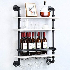 industrial pipe shelf wine rack wall mounted with 5 stem glass holder,3-tiers rustic floating bar shelves wine shelf,24in real wood shelves wall shelf unit,steam punk pipe shelving wine glass rack