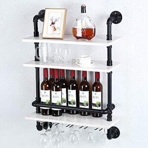 Industrial Pipe Shelf Wine Rack Wall Mounted with 5 Stem Glass Holder,3-Tiers Rustic Floating Bar Shelves Wine Shelf,24in Real Wood Shelves Wall Shelf Unit,Steam Punk Pipe Shelving Wine Glass Rack