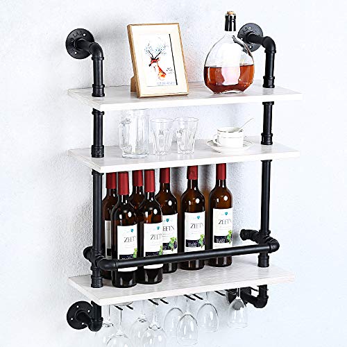 Industrial Pipe Shelf Wine Rack Wall Mounted with 5 Stem Glass Holder,3-Tiers Rustic Floating Bar Shelves Wine Shelf,24in Real Wood Shelves Wall Shelf Unit,Steam Punk Pipe Shelving Wine Glass Rack