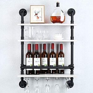 Industrial Pipe Shelf Wine Rack Wall Mounted with 5 Stem Glass Holder,3-Tiers Rustic Floating Bar Shelves Wine Shelf,24in Real Wood Shelves Wall Shelf Unit,Steam Punk Pipe Shelving Wine Glass Rack