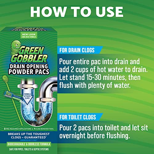 Green Gobbler Drain Clog Remover Powder PACS | Hair Clog Remover | Toilet Clog Remover | Sinks & Tub Drain Cleaner