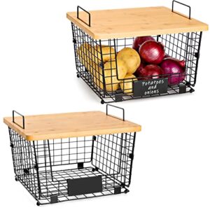 2 set kitchen counter basket with bamboo top – pantry cabinet organization and storage wire basket – countertop organizer for produce, fruit, vegetable (onion, potato), bread, k-cup coffee pods