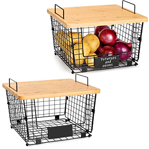 2 Set Kitchen Counter Basket with Bamboo Top - Pantry Cabinet Organization and Storage Wire Basket - Countertop Organizer for Produce, Fruit, Vegetable (Onion, Potato), Bread, K-Cup Coffee Pods