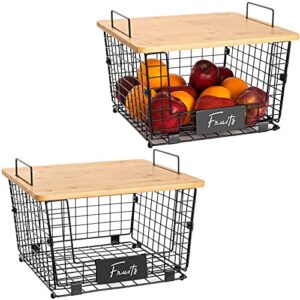 2 Set Kitchen Counter Basket with Bamboo Top - Pantry Cabinet Organization and Storage Wire Basket - Countertop Organizer for Produce, Fruit, Vegetable (Onion, Potato), Bread, K-Cup Coffee Pods