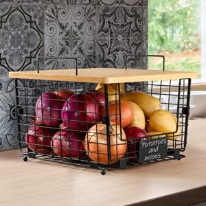 2 Set Kitchen Counter Basket with Bamboo Top - Pantry Cabinet Organization and Storage Wire Basket - Countertop Organizer for Produce, Fruit, Vegetable (Onion, Potato), Bread, K-Cup Coffee Pods