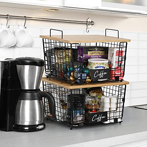 2 Set Kitchen Counter Basket with Bamboo Top - Pantry Cabinet Organization and Storage Wire Basket - Countertop Organizer for Produce, Fruit, Vegetable (Onion, Potato), Bread, K-Cup Coffee Pods