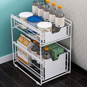 Moxeay Metal Basket Organizer 2-Tier Under Sink Cabinet Organizer with Sliding Storage Drawer, Stackable Basket Rack for Kitchen & Bathroom