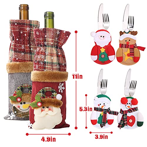 4Pcs Tableware Silverware Holders with 2 Pack Wine Bottle Bags,Candy Pouch Bag Knife Spoon Fork Bag Mini Holiday Stockings for Birthday Gift Tree Decor Dinner Table Ornaments