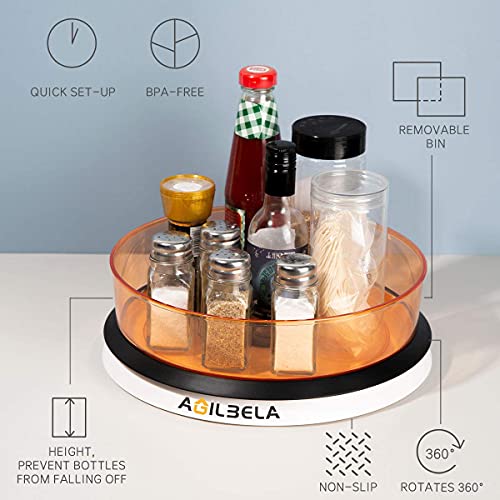 AGILBELA Clear Lazy Susan Cabinet Organizer with One Large Bin, Removable, Acrylic Rotating Spice Rack for Pantry, Countertop, Fridge, 11.5-Inch, Orange